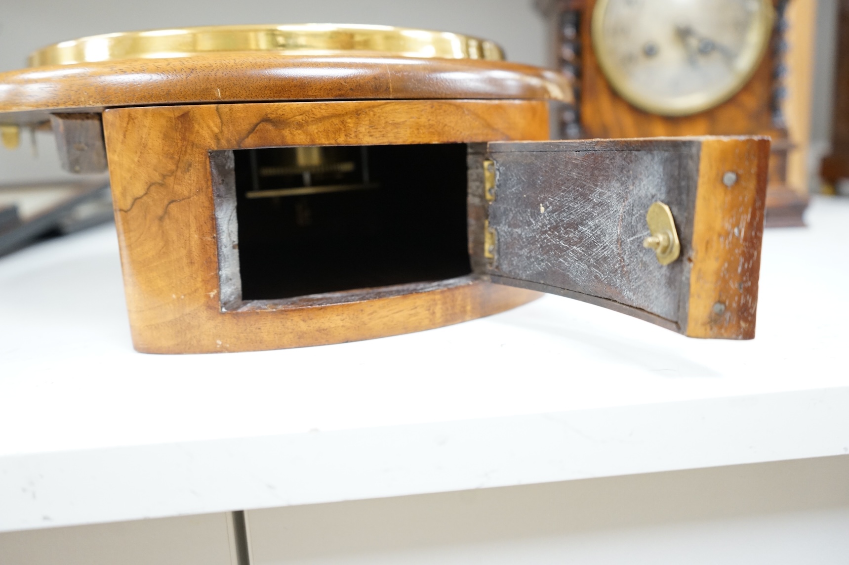 A Mappin & Webb oak mantel clock and dial clock, W & H German movement, dial clock 33cm diameter
